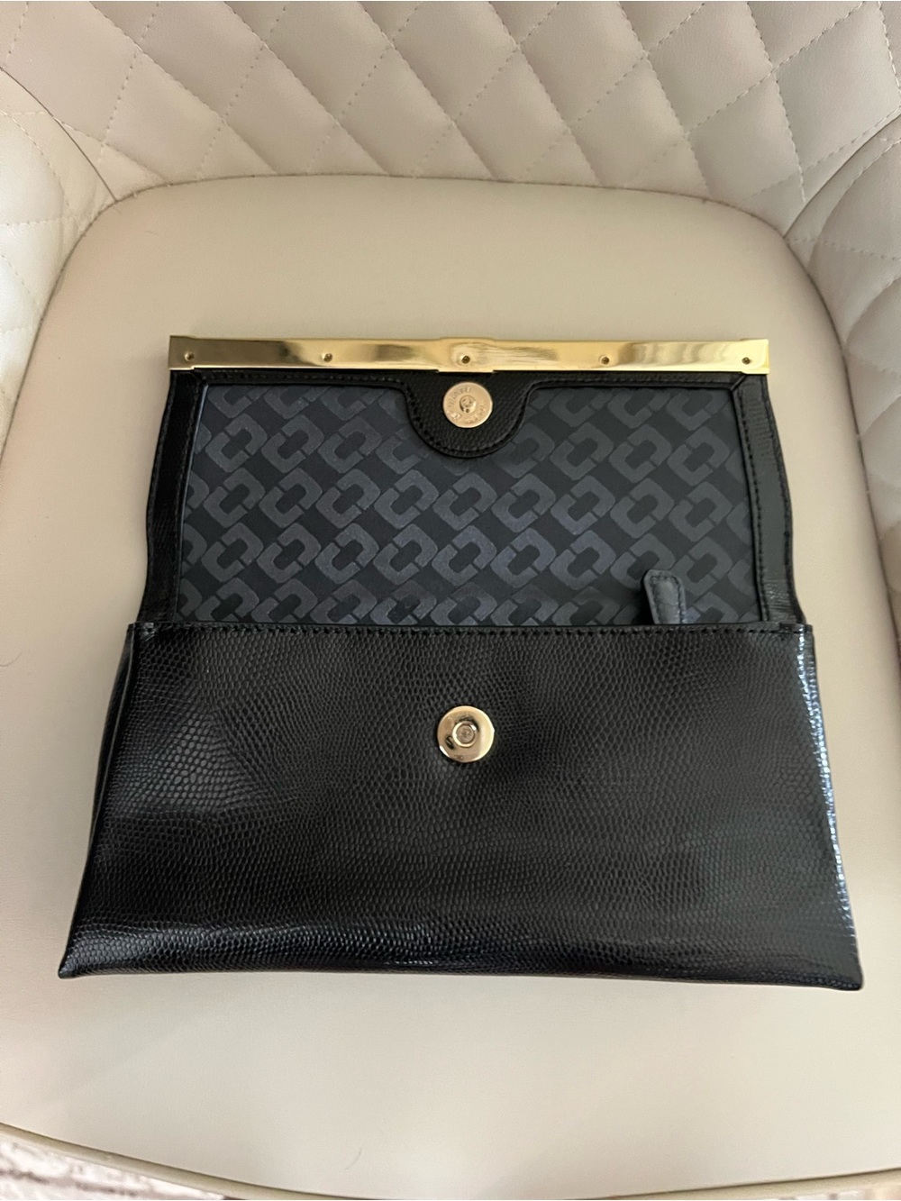 Black Leather Wristlet Clutch with Gold-Tone Frame